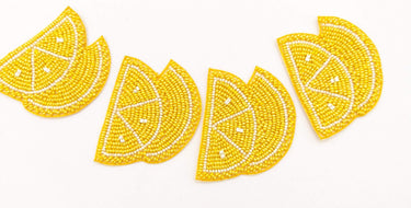 Sliced Lemon Beaded Applique, Hand Embroidered In Yellow Beads, Beaded Motif